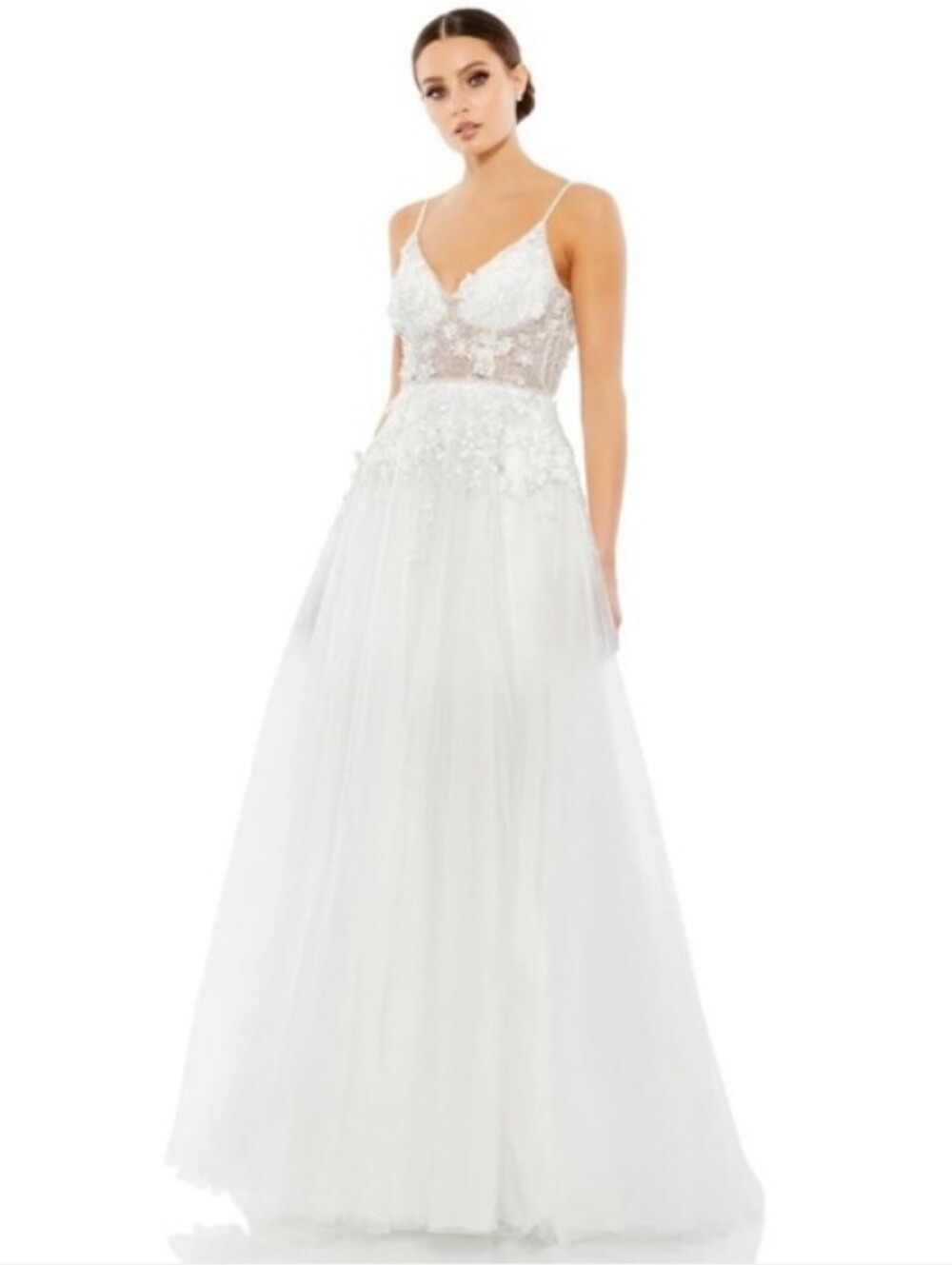 🆕 Mac Duggal Appliqué V-Neck Sleeveless Open Back A-Line Gown (11228) White, 4